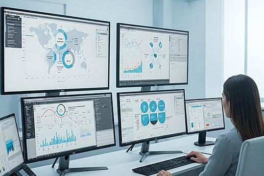 Female professional monitoring PLM data dashboards across multiple computer screens in a modern office setting